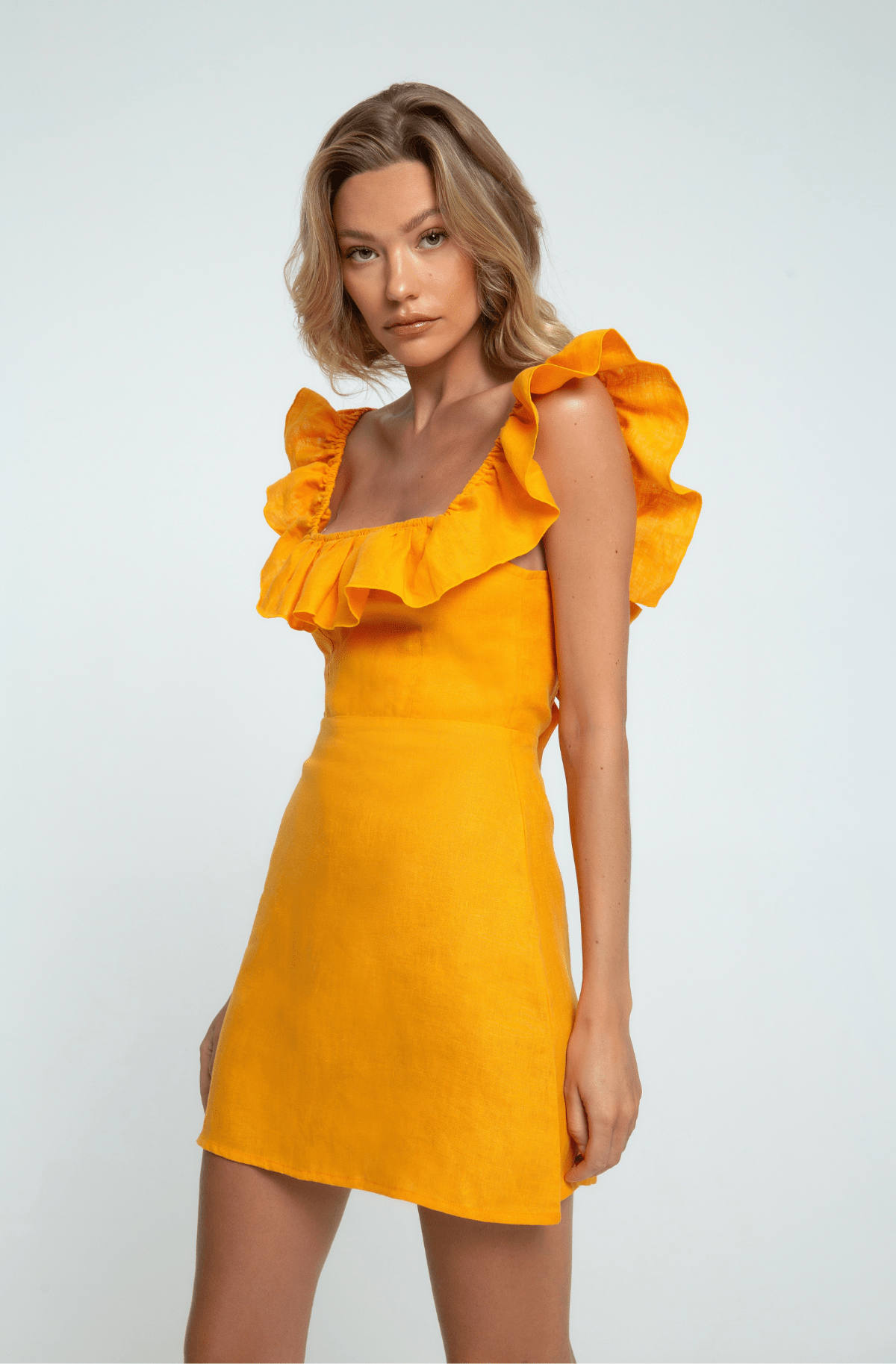 Orange Linen Mini Dress with Ruffle Detail ethically made with 100% premium linen