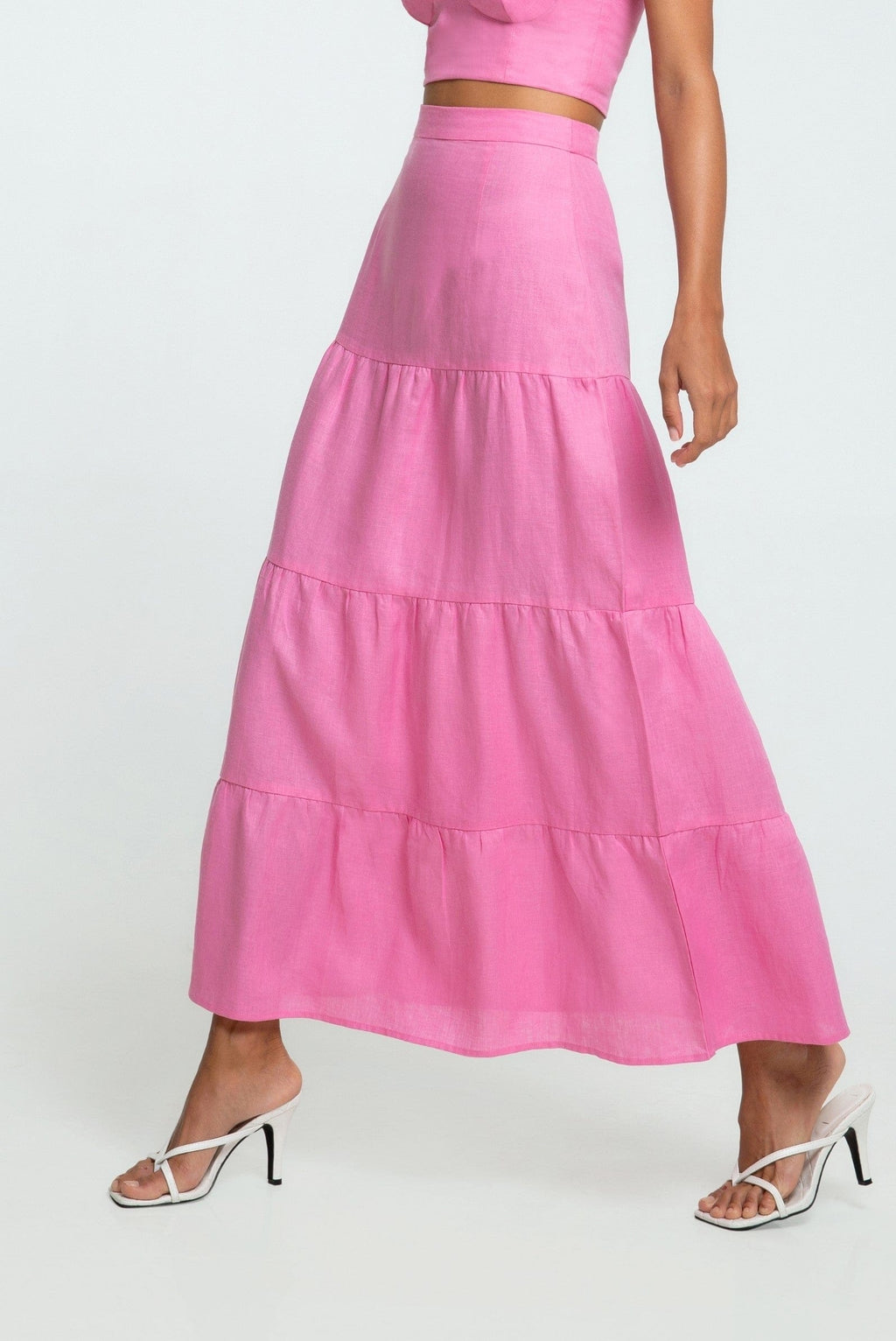 Pink Linen Maxi Skirt with Multiple Tiers ethically made with 100% premium linen