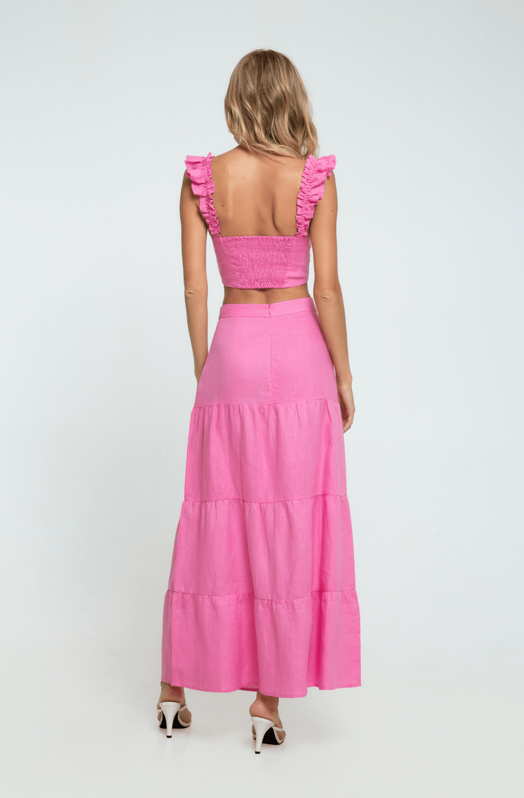 Pink Linen Maxi Skirt with Multiple Tiers ethically made with 100% premium linen