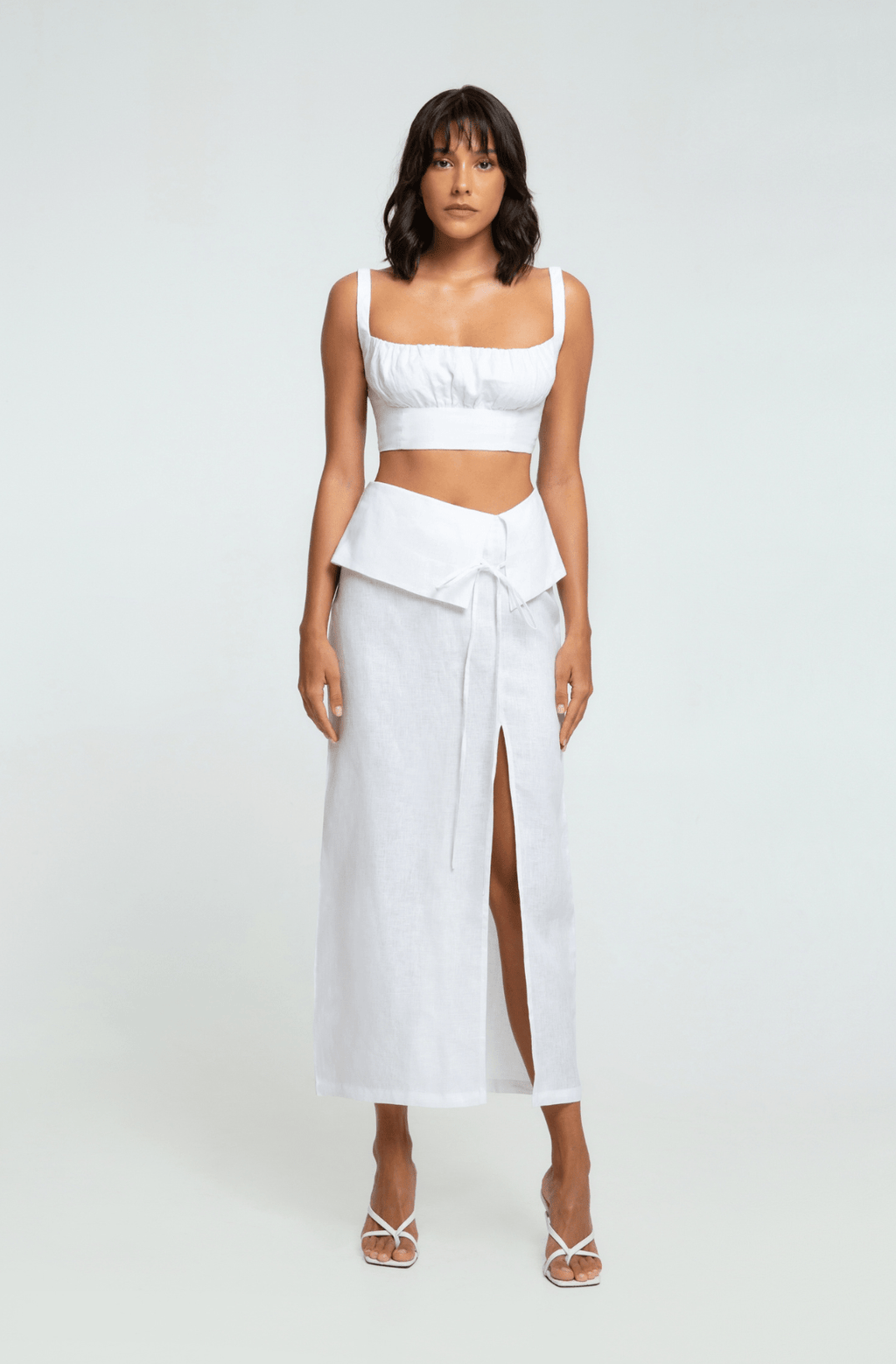 White Linen Crop Top with Ruched Bust ethically made with 100% premium linen