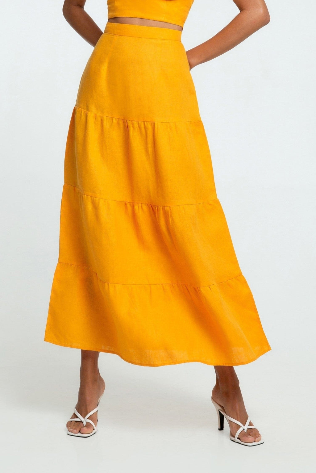 Orange Linen Maxi Skirt with Multiple Tiers ethically made with 100% premium linen