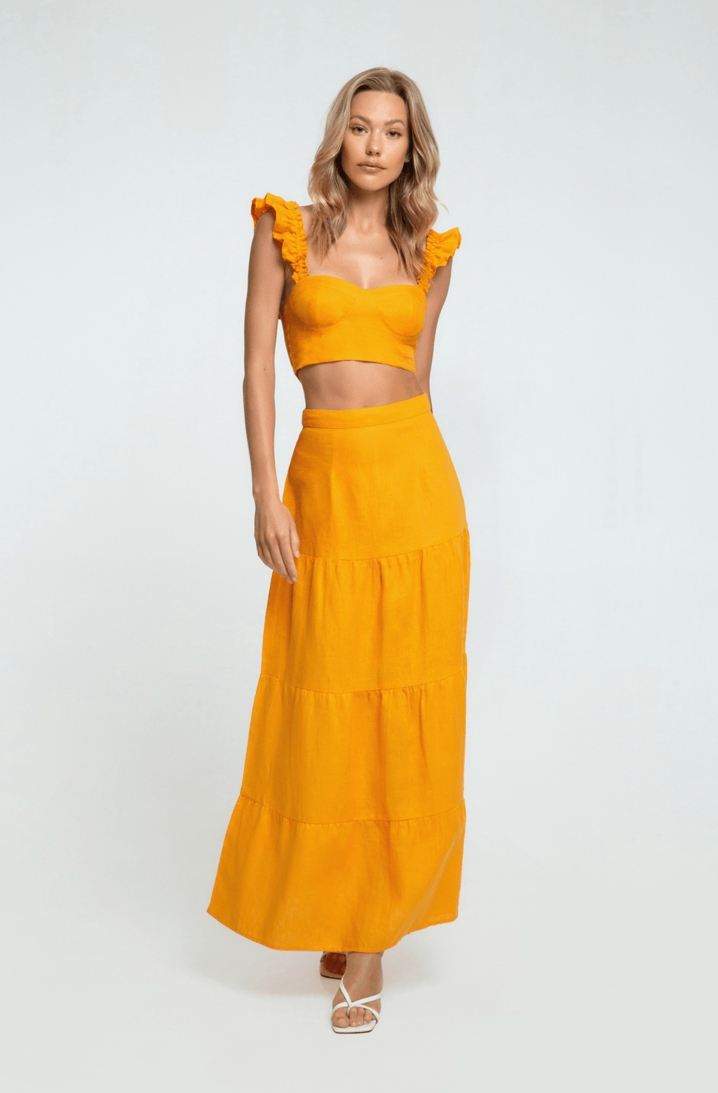 Orange Linen Maxi Skirt with Multiple Tiers ethically made with 100% premium linen