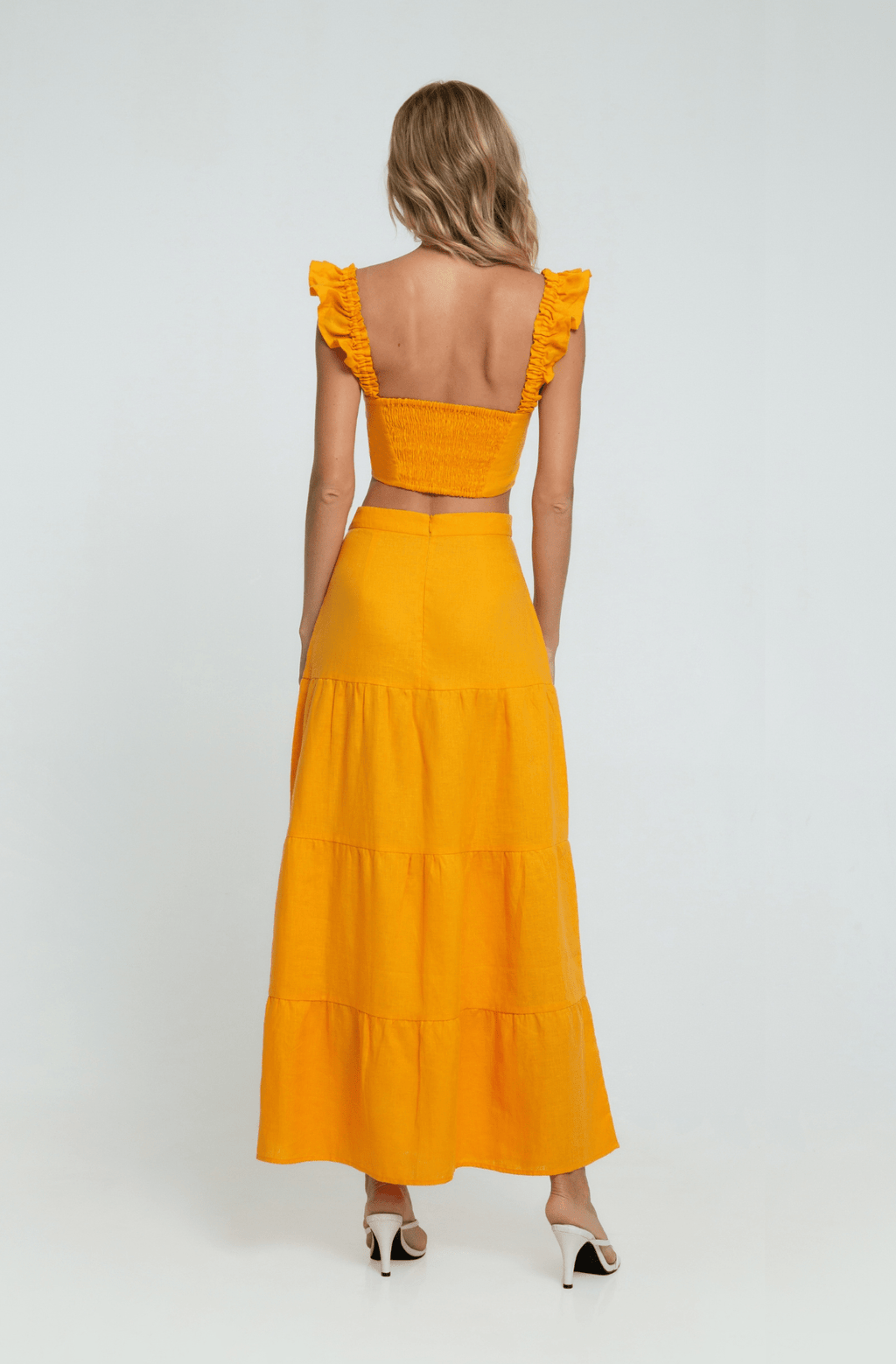 Orange Linen Maxi Skirt with Multiple Tiers ethically made with 100% premium linen