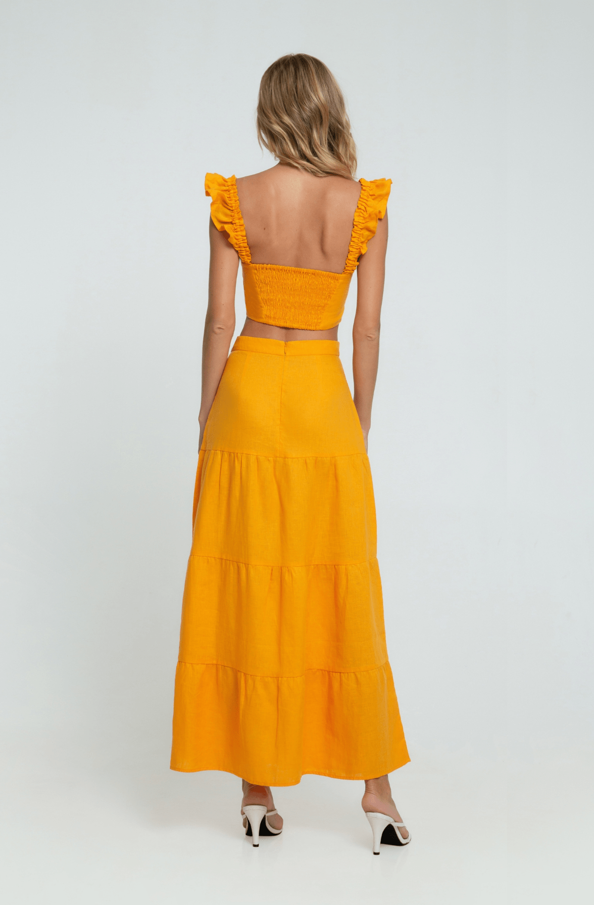 Orange Linen Maxi Skirt with Multiple Tiers ethically made with 100% premium linen