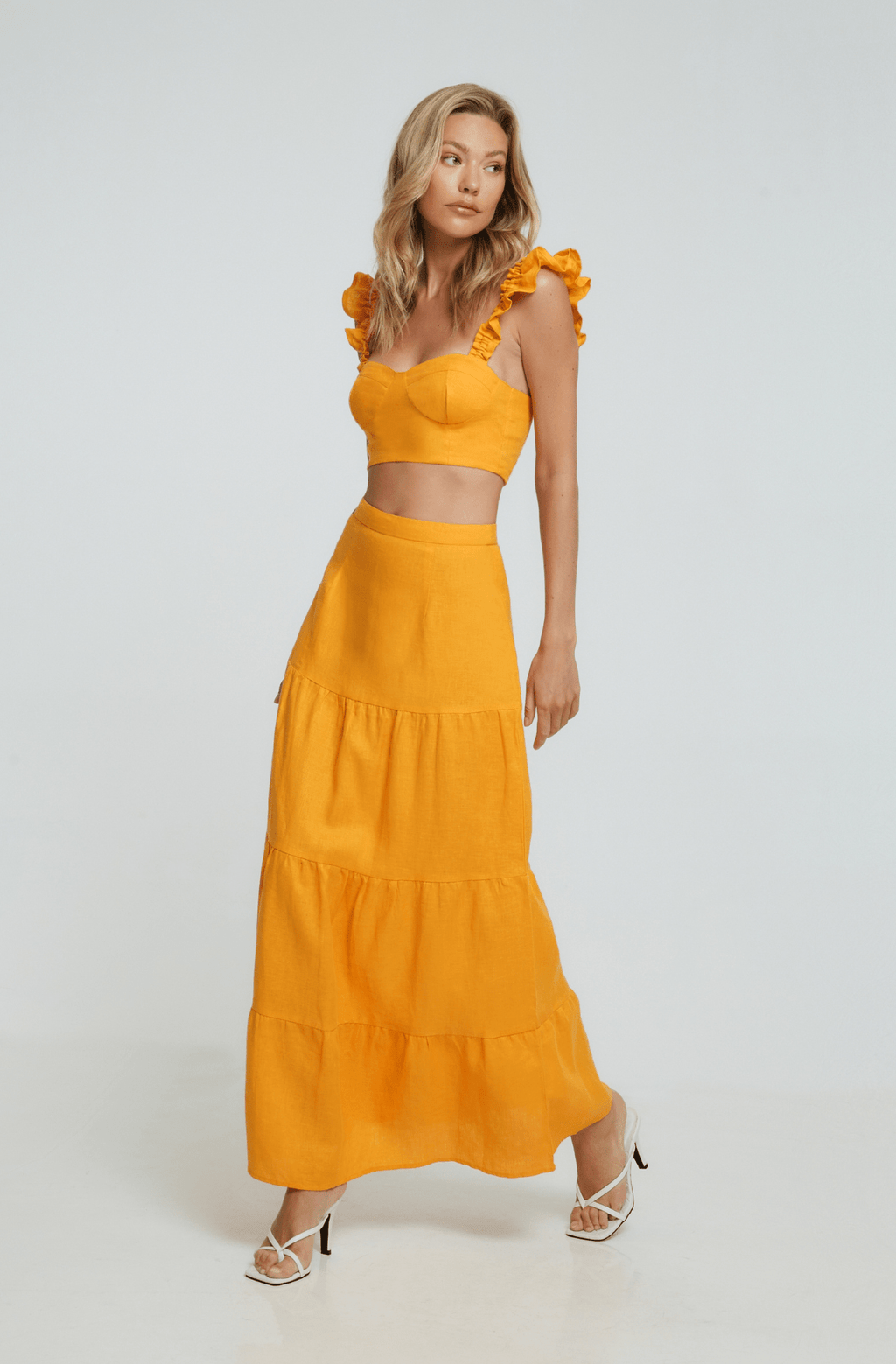 Orange Linen Maxi Skirt with Multiple Tiers ethically made with 100% premium linen